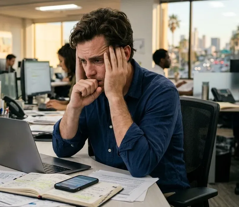 A man at an office desk resting his head in his hands, looking exhausted and stressed in front of his laptop