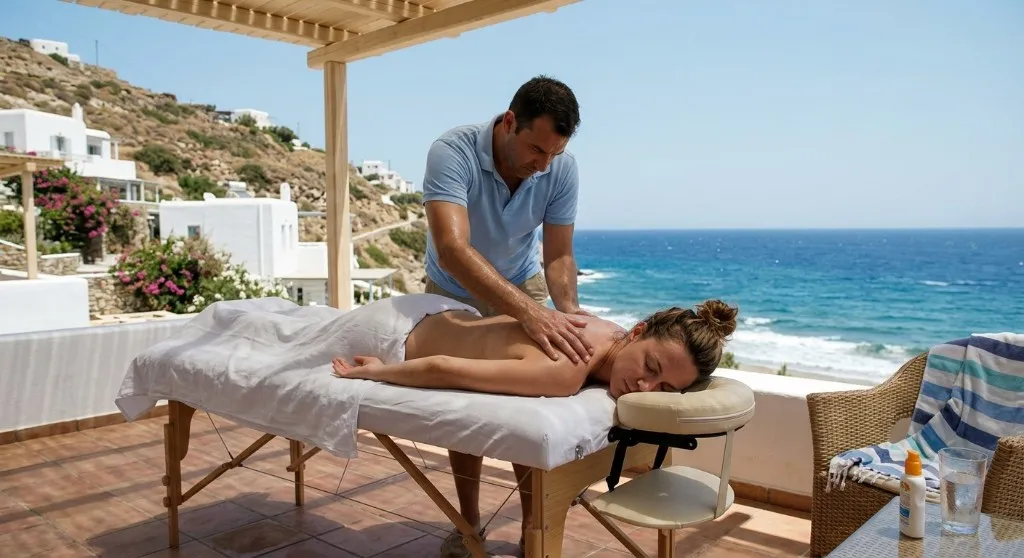 A massage therapist working on a client on an outdoor massage table overlooking the sea on a sunny summer day